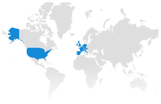 World map with the United States, United Kingdom and Western Europe highlighted